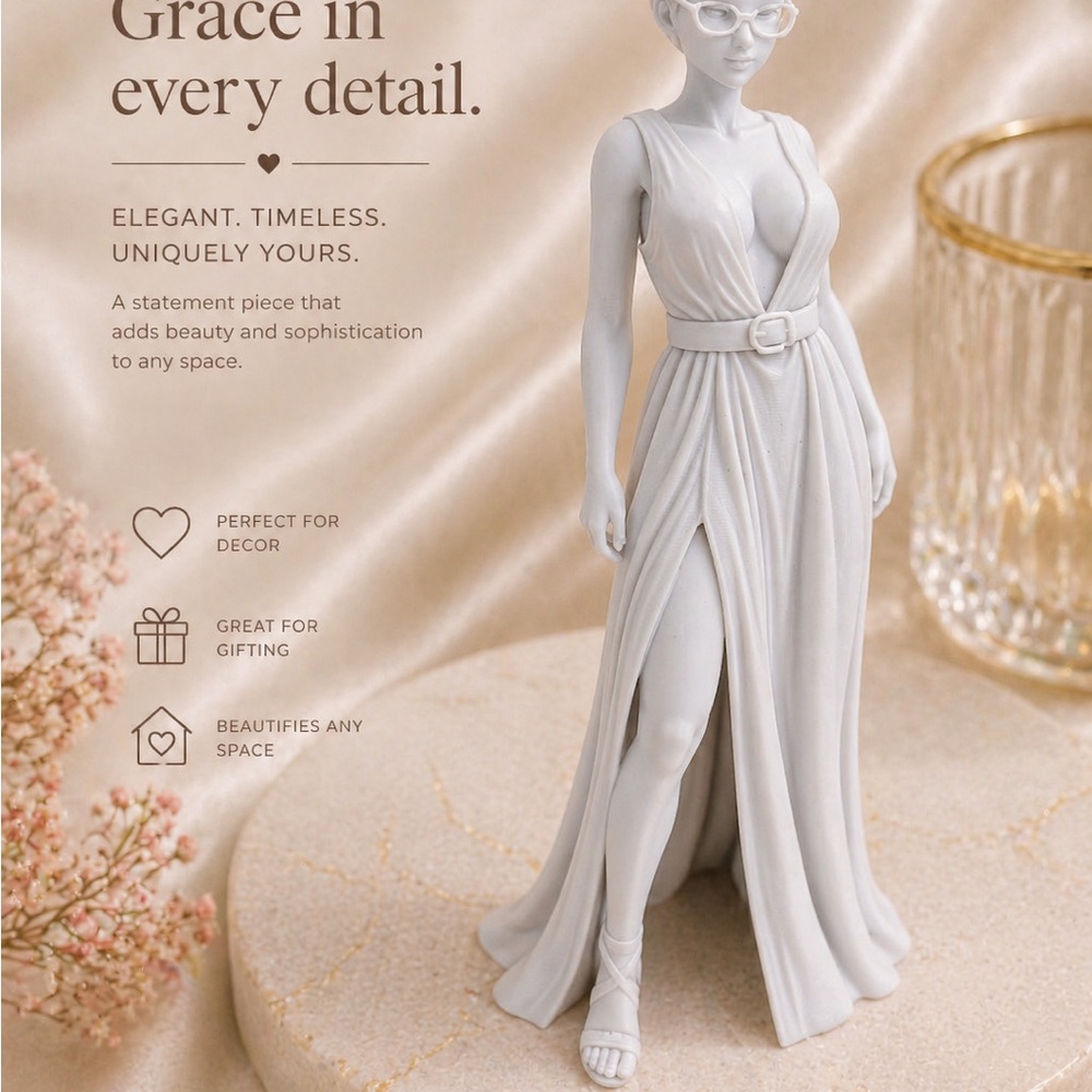Elegant Sculptural Woman Figurine in Matte White Print in 3D